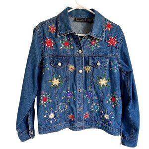 Life Style Denim Jean Jacket Embroidered and Decorated Size Medium